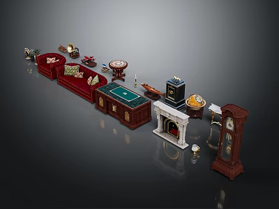 Vintage Wooden Office Desk Among Traditional Furniture With Red Sofa And Fireplace 3d model