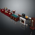 Vintage Wooden Office Desk Among Traditional Furniture With Red Sofa And Fireplace