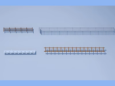 Different Types of Fences with Wooden Railing and Metal Panel Structures 3d model