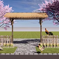 Rustic Entrance Gate with Thatched Roof Cherry Blossom Trees Stone Path Wooden Fence and Chickens