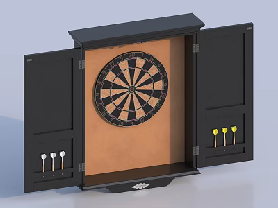 Complete Dartboard Sports Equipment Set in Black Cabinet with Darts and Storage 3d model