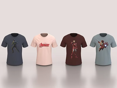 Avengers Themed Tshirts in Dark Blue Pink Brown and Light Blue with Iron Man Graphics 3d model