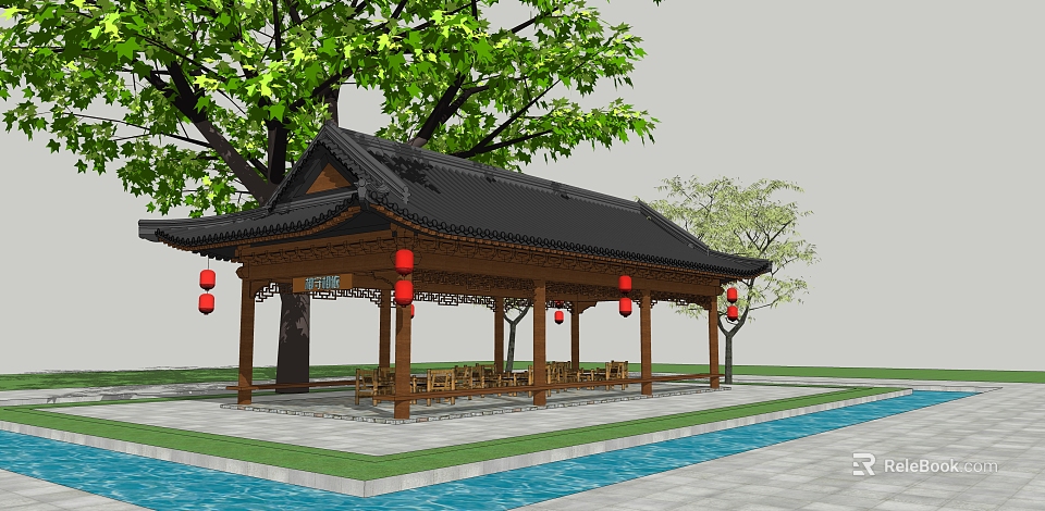 Chinese Style Pavilion With Black Roof And Red Lanterns Near Trees And Water 3d model 