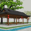 Chinese Style Pavilion With Black Roof And Red Lanterns Near Trees And Water