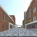 Vibrant Commercial Street With Red Brick Buildings Outdoor Seating Green Plants And People Walking