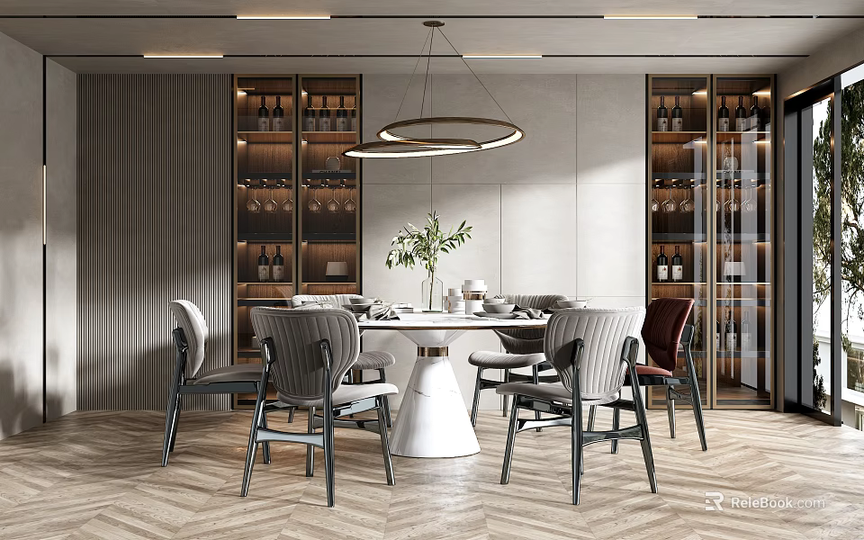 Modern Dining Table Set With Round White Table Upholstered Chairs And Wine Cabinets 3d model