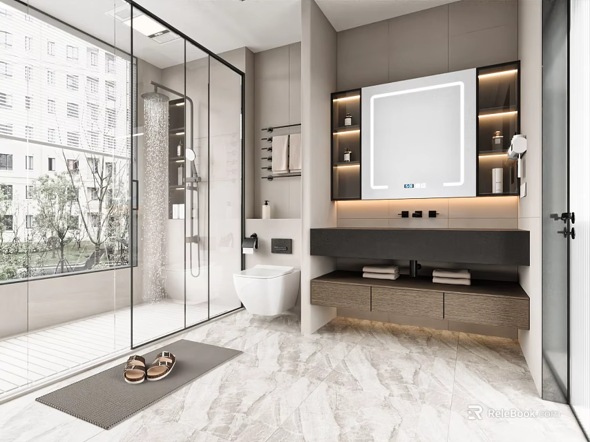 Modern Bathroom Interior Design With Glass Shower Vanity Large Mirror And Marble Floor 3d model 