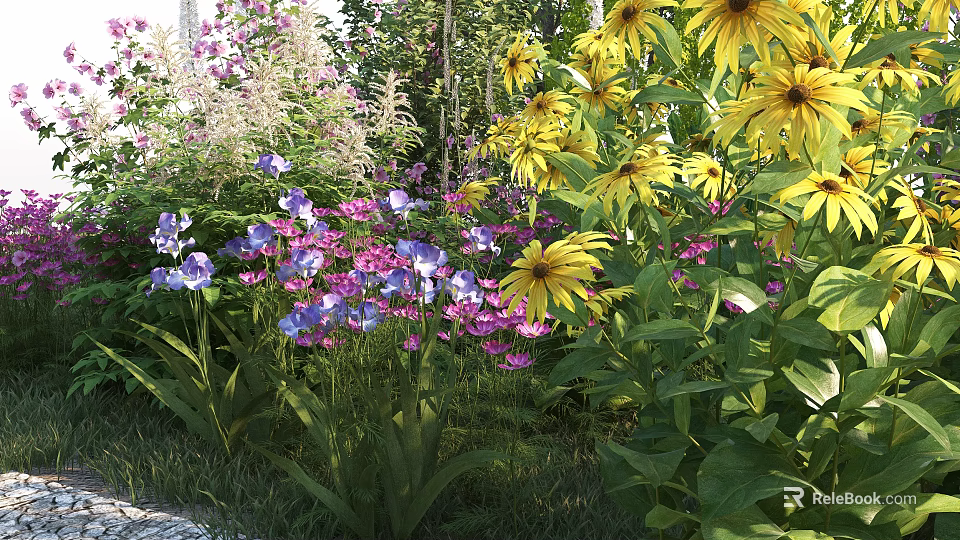 Colorful Garden Flowers With Yellow Purple Pink Blooms And Lush Green Leaves 3d model 
