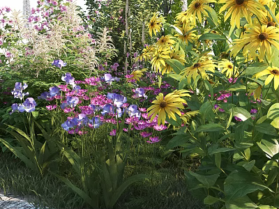 Colorful Garden Flowers With Yellow Purple Pink Blooms And Lush Green Leaves 3d model