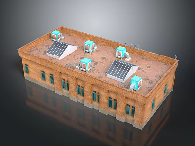 Building Model with Brick Exterior and Roof Mounted Blue Equipment and Solar Panels 3d model