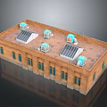 Building Model with Brick Exterior and Roof Mounted Blue Equipment and Solar Panels