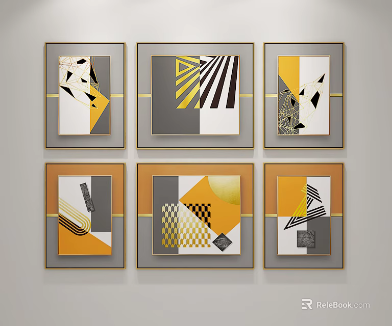 Geometric Abstract Wall Art With Yellow Grey Black Patterns And Gold Frames On White Wall 3d model