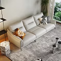 Light Gray Leather Three-Seater Sofa with Patterned Throw Pillows Green Plants Floor Lamp 3d model