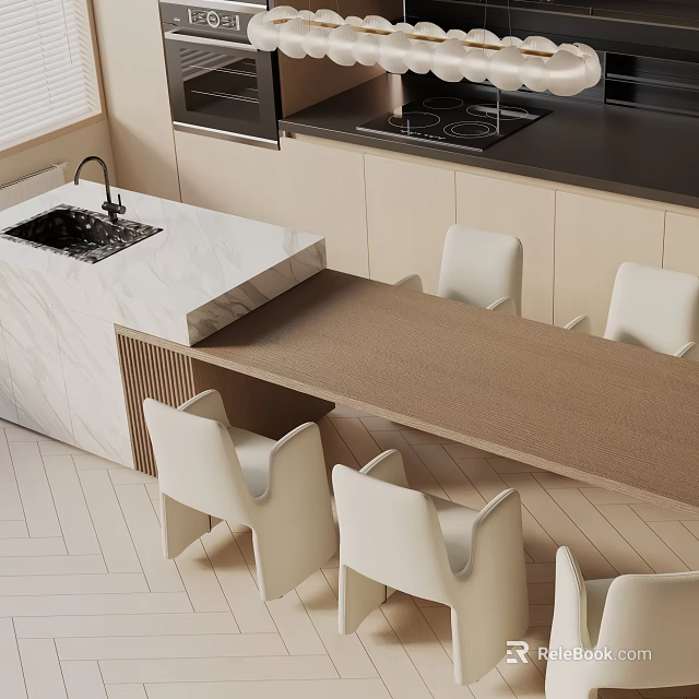 Sleek Modern Dining Table With White Chairs And Beige Surface In Open Kitchen Area 3d model
