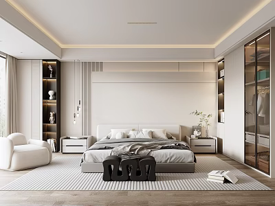Modern Bedroom Interior Design With Large Bed Glass Door Wardrobe Accent Chair And Area Rug 3d model