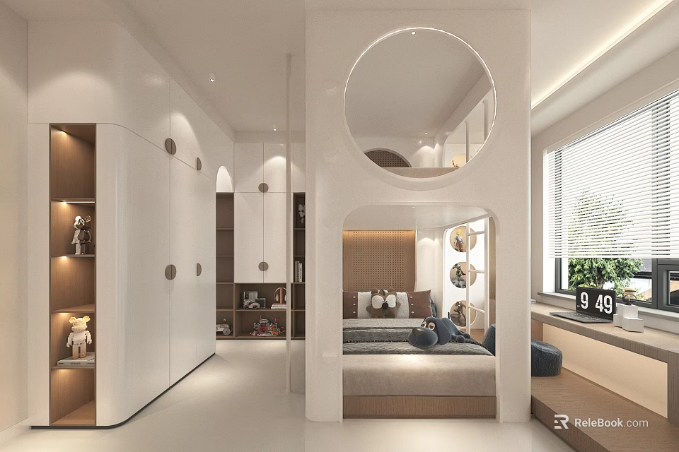 Modern Kids Room With White Circular Window Storage Cabinets Bed Bookshelf And Green Plants 3d model 