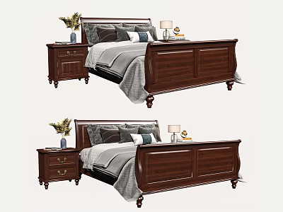 Traditional Wooden Double Bed with Nightstand Lamp Vase Gray Bedding and Pillows 3d model