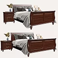 Traditional Wooden Double Bed with Nightstand Lamp Vase Gray Bedding and Pillows