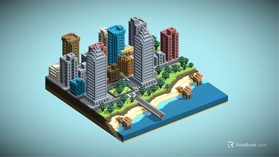 Cartoon Pixel City Scene With Various Colored Tall Buildings Trees Beach And Water 3d model 