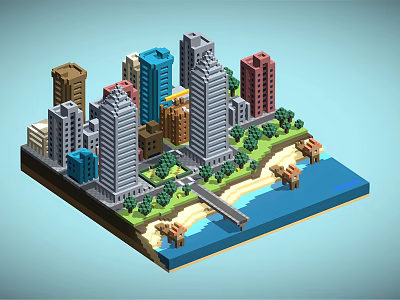 Cartoon Pixel City Scene With Various Colored Tall Buildings Trees Beach And Water 3d model