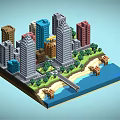 Cartoon Pixel City Scene With Various Colored Tall Buildings Trees Beach And Water