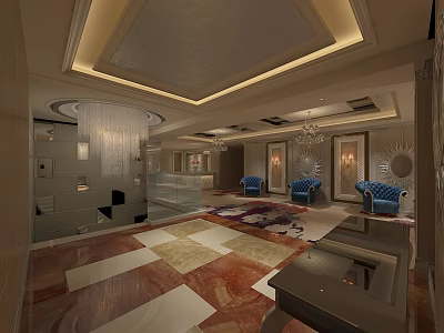Luxury Modern Store Front Desk With Chandelier Patterned Carpet And Blue Armchairs 3d model