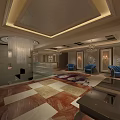 Luxury Modern Store Front Desk With Chandelier Patterned Carpet And Blue Armchairs