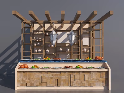 Wooden Structure Building Exterior Wall With Beams Shelves Lanterns And Blue Decorative Details 3d model