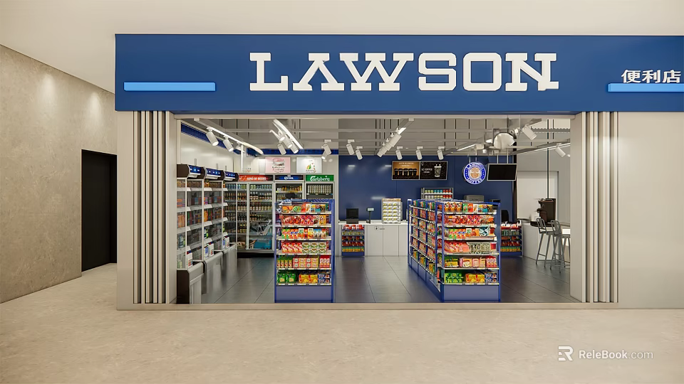 Lawson Convenience Store Interior With Shelves Stocked Full Of Fruits And Food Items 3d model 