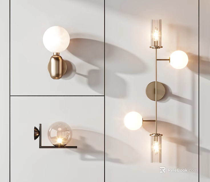 Elegant Modern Wall Sconces With Glass Shades And Brass Metal Frames Design 3d model 