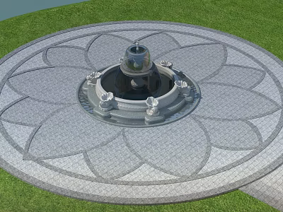 Circular Garden Ornament With Central Fountain And Lotus Petal Stone Pavement Surrounded By Green Lawn 3d model