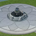 Circular Garden Ornament With Central Fountain And Lotus Petal Stone Pavement Surrounded By Green Lawn