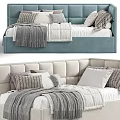 Cozy Upholstered Kids Bed with Blue Beige Pillows and Soft Blanket