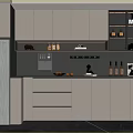 Modern Kitchen Sideboard With White Cabinets Black Countertop Storage Shelves And Decorative Items