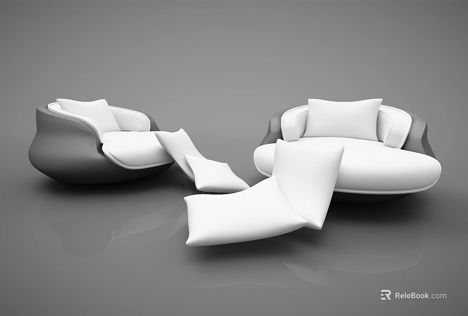 Modern Single Sofa With Curved Design And White Scattered Cushions On Smooth Floor 3d model 