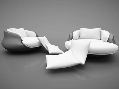 Modern Single Sofa With Curved Design And White Scattered Cushions On Smooth Floor 3d model