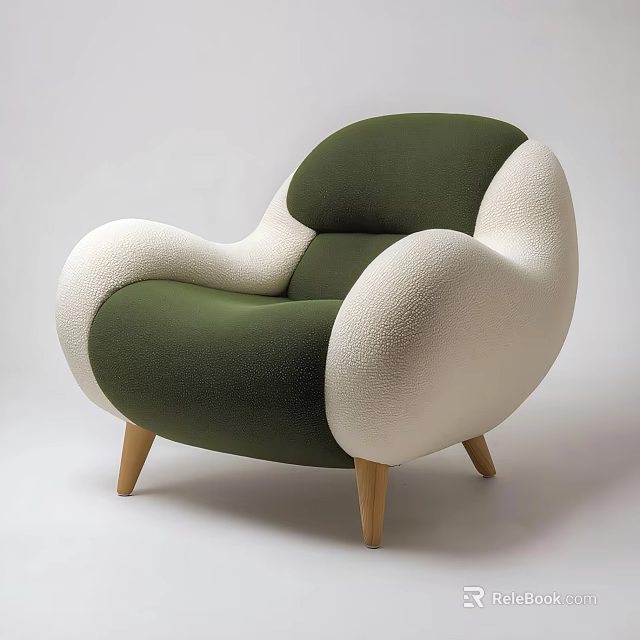 Modern Green And White Armchair With Curved Upholstered Design And Wooden Legs For Living Room 3d model 
