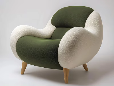 Modern Green And White Armchair With Curved Upholstered Design And Wooden Legs For Living Room 3d model