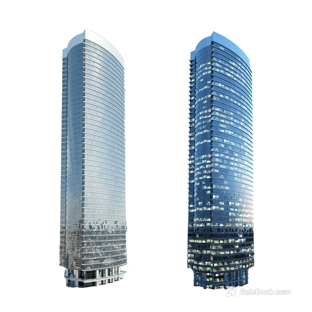 Modern Office Towers With Glass Facade Two Tall Commercial Buildings And Evening Lighting 3d model 