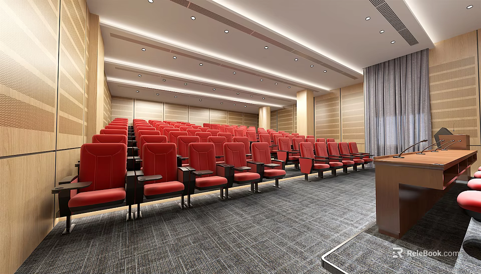 Modern Conference Room with Red Seats Wooden Walls Gray Carpet and Podium 3d model 