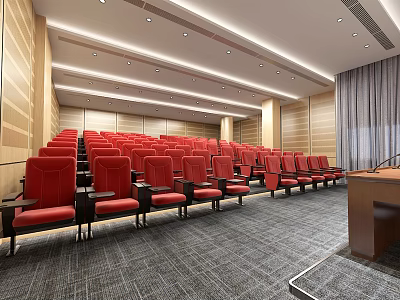 Modern Conference Room with Red Seats Wooden Walls Gray Carpet and Podium 3d model