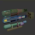 Military Weapon Parts Featuring Green UI1 Launcher Disassembled Sections And Blue Cylindrical Components