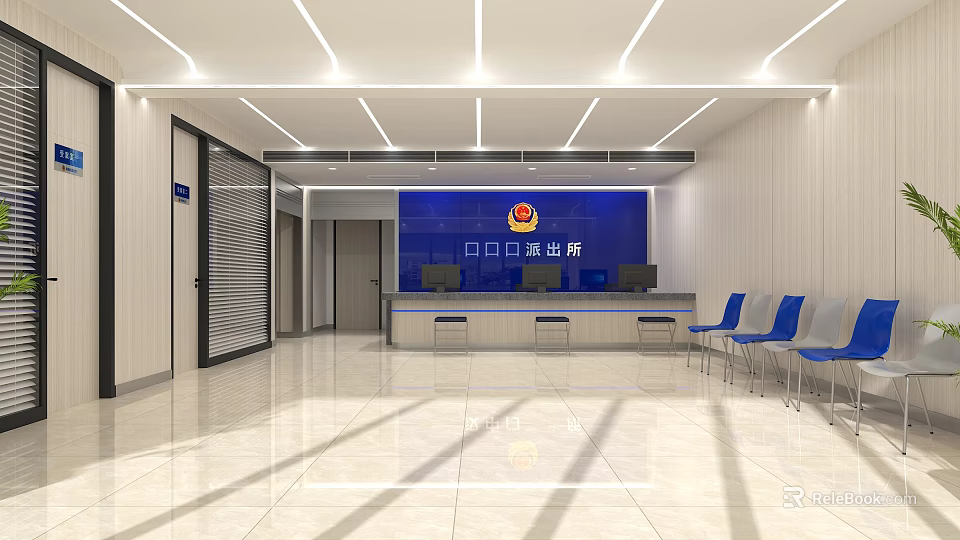 Bright Modern Service Hall Interior Design With Blue Chairs Service Counters And Lighting 3d model 