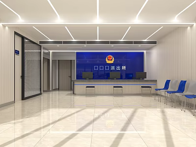 Bright Modern Service Hall Interior Design With Blue Chairs Service Counters And Lighting 3d model