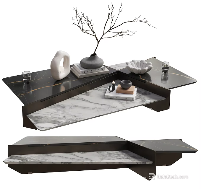 Modern Layered Coffee Table With Marble Top Metal Frame And Decorative Items 3d model