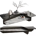 Modern Layered Coffee Table With Marble Top Metal Frame And Decorative Items 3d model