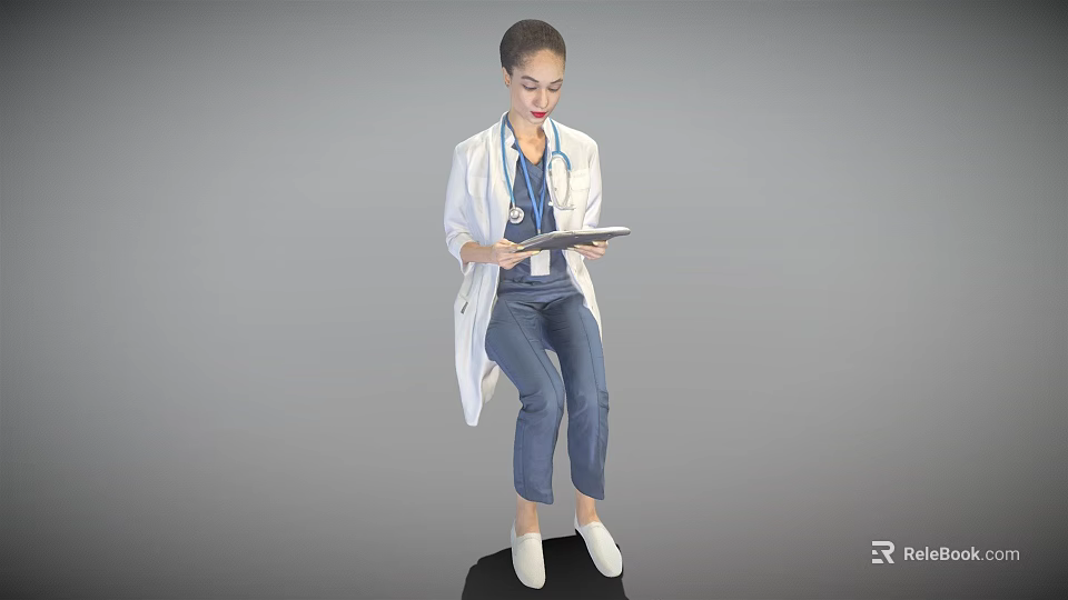 Woman Doctor Sitting in White Coat Holding Digital Tablet with Stethoscope 3d model 