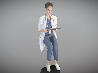 Woman Doctor Sitting in White Coat Holding Digital Tablet with Stethoscope 3d model