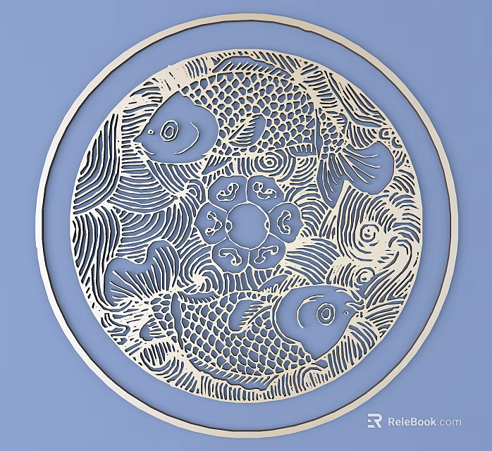 Intricate Circular Carving With Carp Fish Lotus And Wave Patterns Paper Cut Art 3d model 