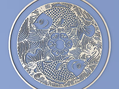 Intricate Circular Carving With Carp Fish Lotus And Wave Patterns Paper Cut Art 3d model